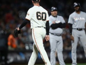 One last staredown by Giant's pitcher Strickland at Miami's Brinson after latter Brinson got key hit after Strickland hit him earlier in game.